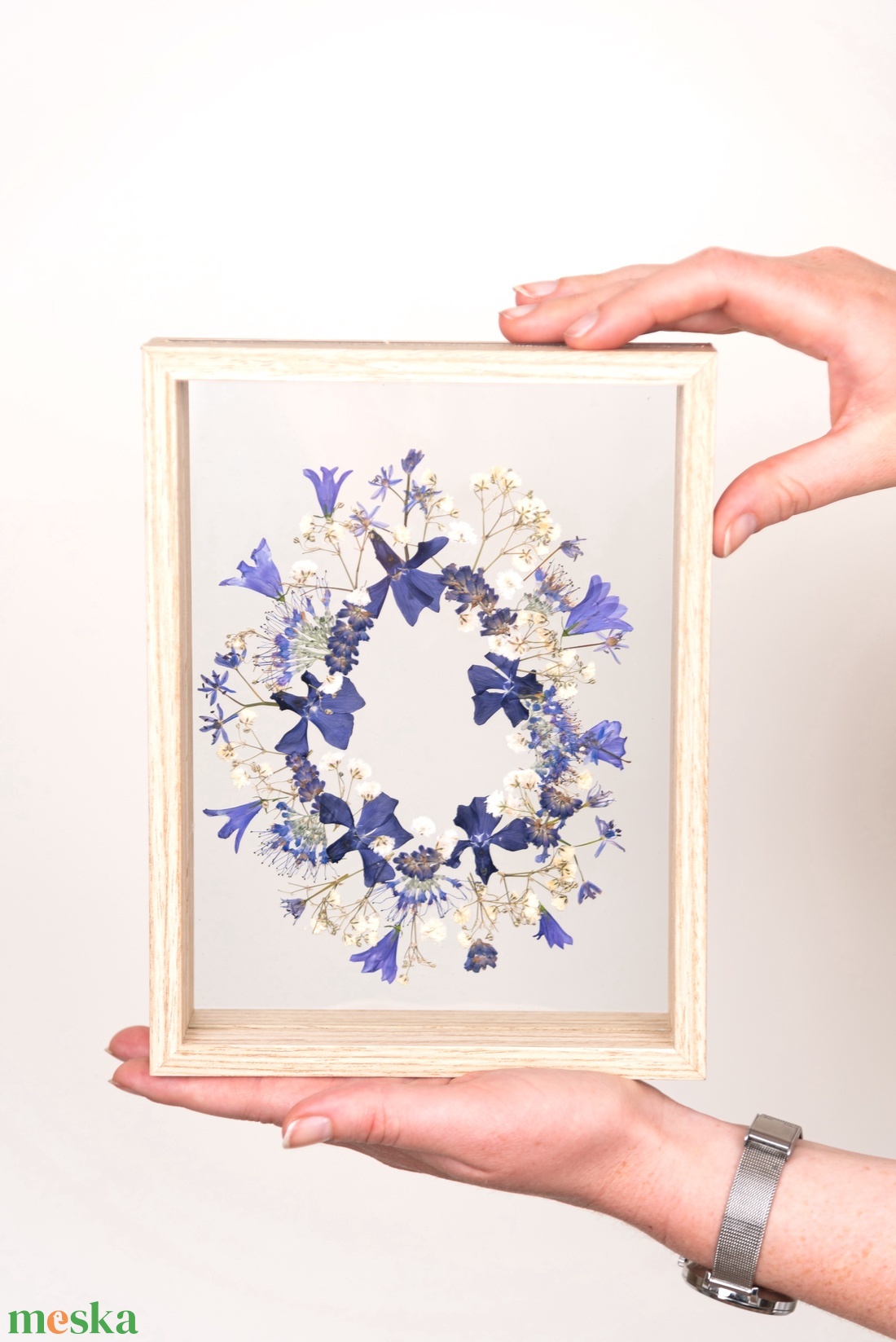 Kék fehér koszorú fa keretben 16 x 22 cm - otthon & életmód - dekoráció - kép & falikép - üvegkép - Meska.hu