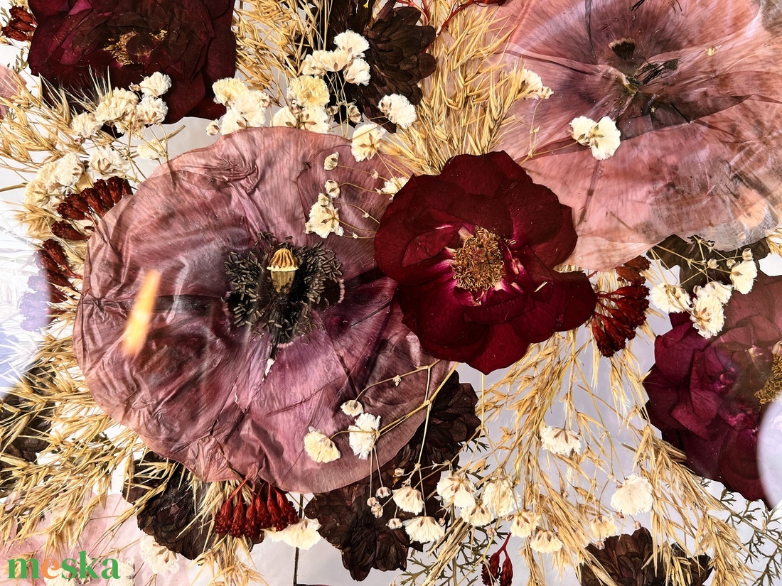 Rózsaszín-bordó préselt csokor NAGY MÉRETŰ natúr fa keretben 30 x 42  x 2.3 cm - otthon & életmód - dekoráció - kép & falikép - képkeret - Meska.hu