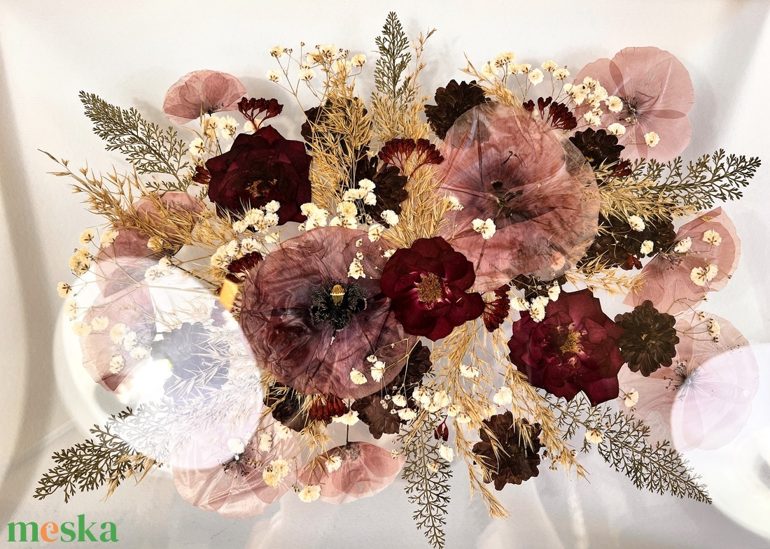 Rózsaszín-bordó préselt csokor NAGY MÉRETŰ natúr fa keretben 30 x 42  x 2.3 cm - otthon & életmód - dekoráció - kép & falikép - képkeret - Meska.hu