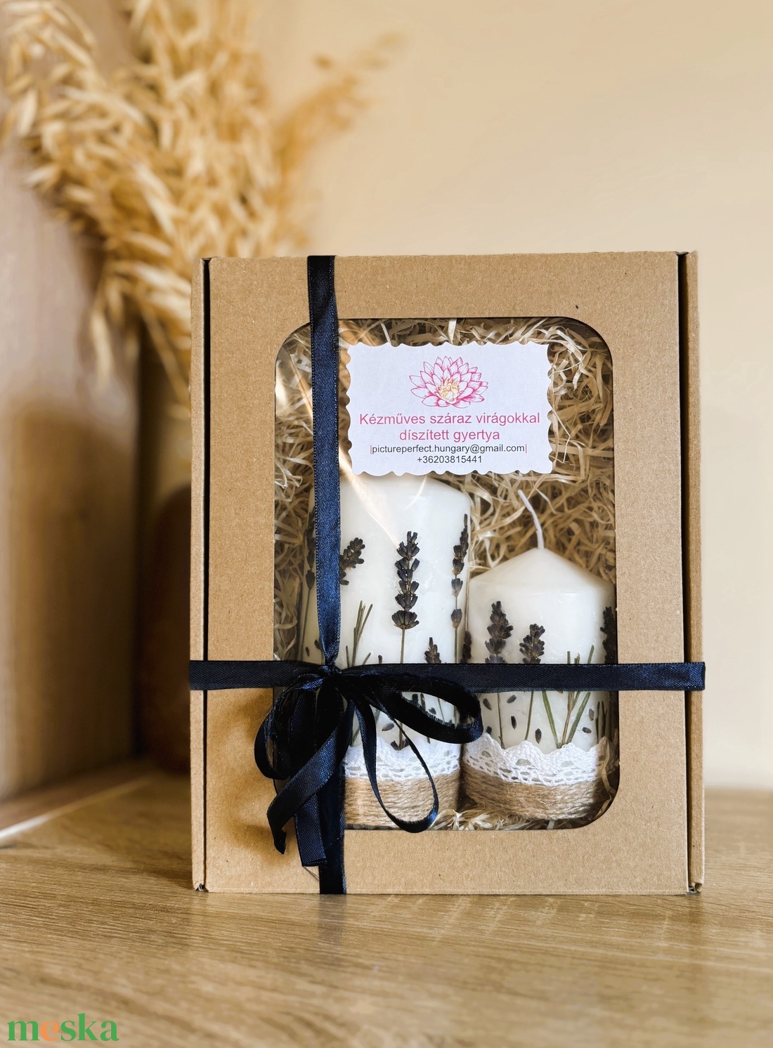 Szárított levendulás gyertya ajándékcsomag DÍSZDOBOZBAN- Csipkével és jutazsoinórral díszítve - otthon & életmód - gyertya, illat, aroma - gyertya - Meska.hu