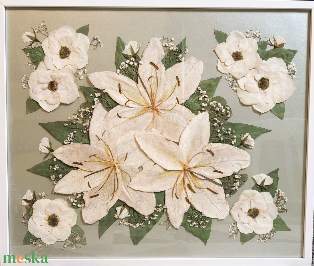 Liliom esküvői csokor préselés, örökcsokor 50x70 cm keretben - egyedi megrendelésre - otthon & életmód - virágdekoráció - virágok - virágbox - Meska.hu