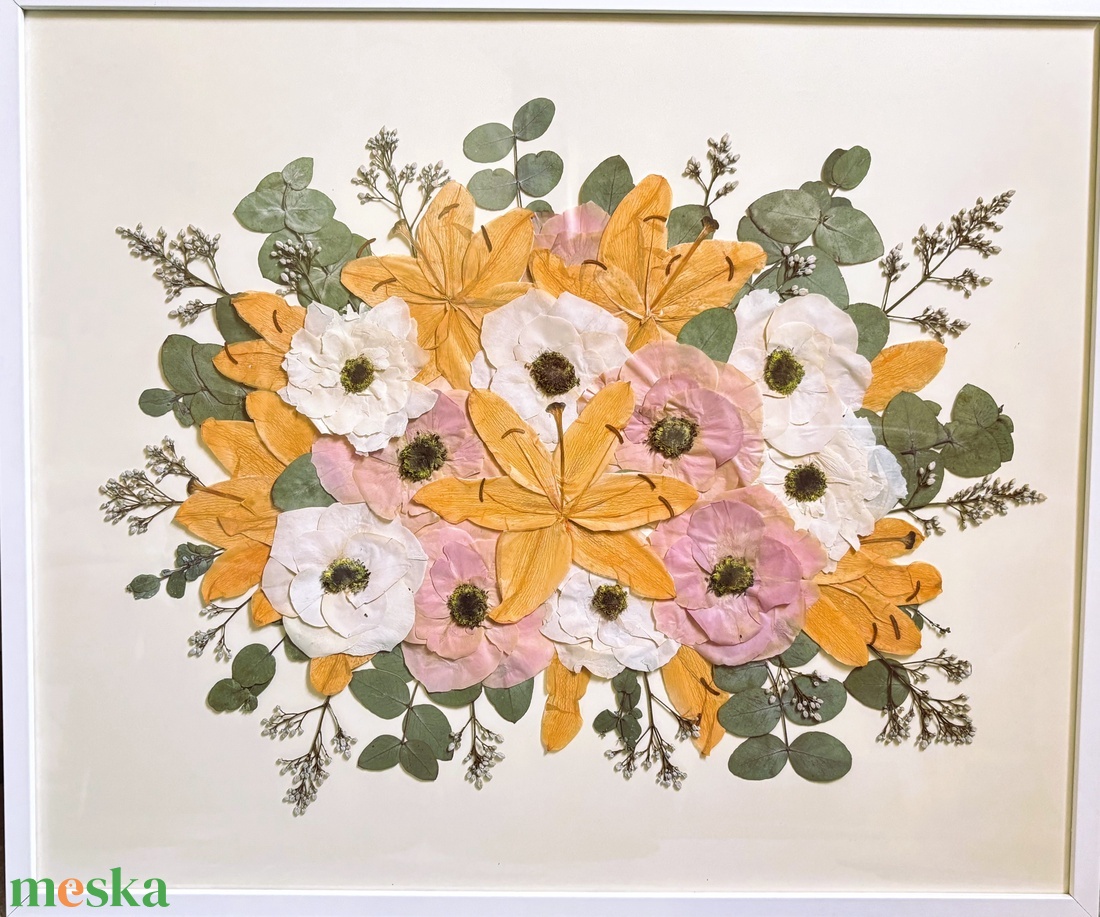 Liliom esküvői csokor préselés, örökcsokor 50x70 cm keretben - egyedi megrendelésre - otthon & életmód - virágdekoráció - virágok - virágbox - Meska.hu