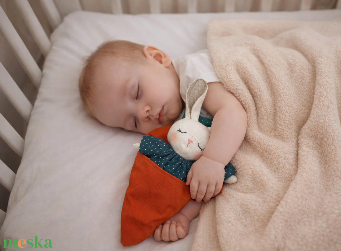 Kék alapon fehér pöttyös ruhás nyuszi répaágyban - játék & sport - plüssállat & játékfigura - nyuszi - Meska.hu