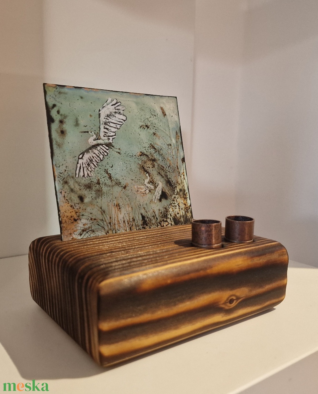 Asztali tolltartó tűzzomác képpel fehér kócsagokról - otthon & életmód - tárolás & rendszerezés - íróasztali tároló - Meska.hu