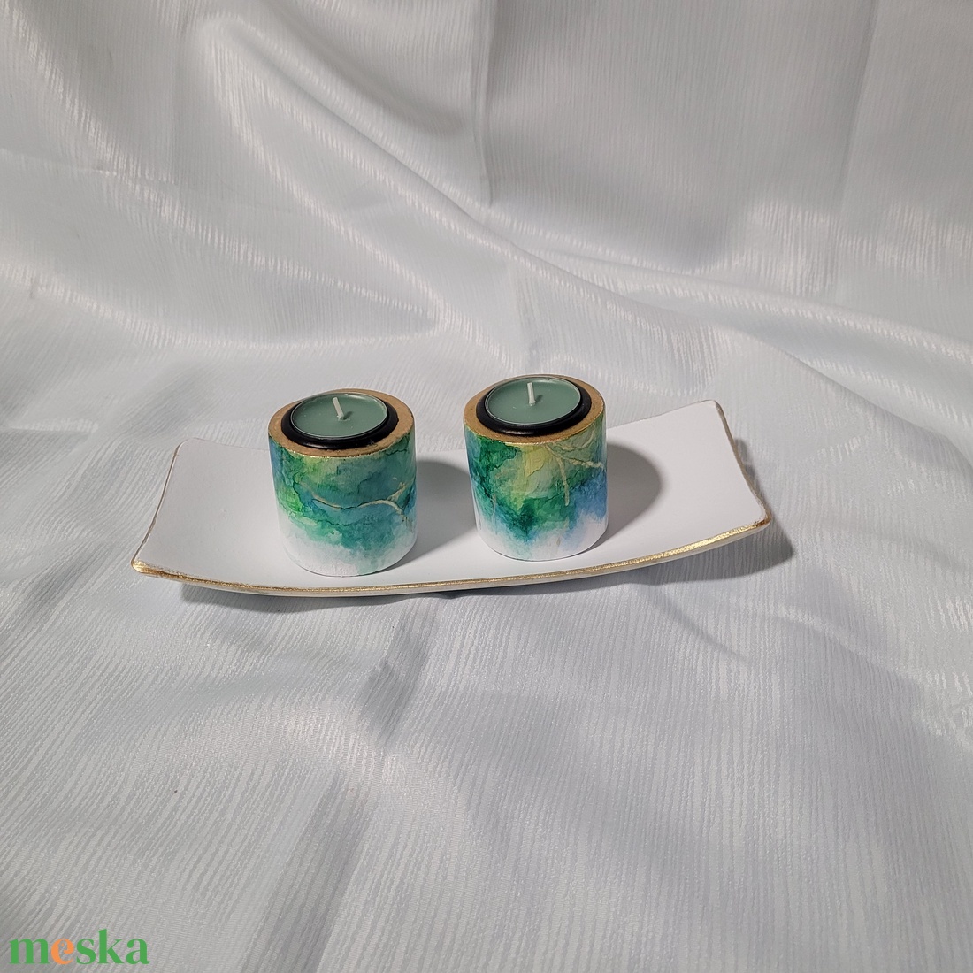 Tálca 2 db mécsestartóval egyedileg alcohol inkkel díszítve - otthon & életmód - gyertya, illat, aroma - mécses és mécsestartó - Meska.hu