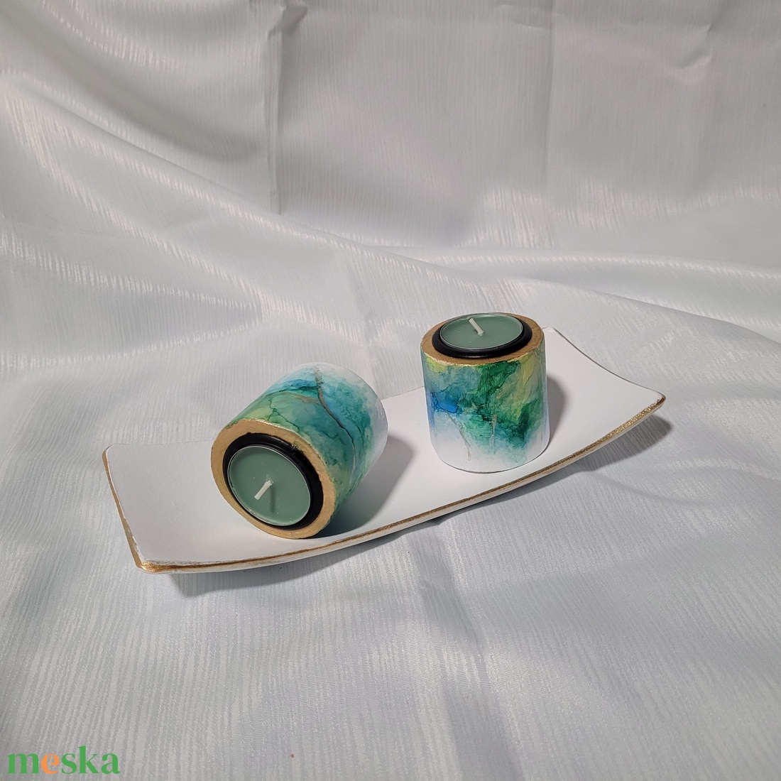 Tálca 2 db mécsestartóval egyedileg alcohol inkkel díszítve - otthon & életmód - gyertya, illat, aroma - mécses és mécsestartó - Meska.hu