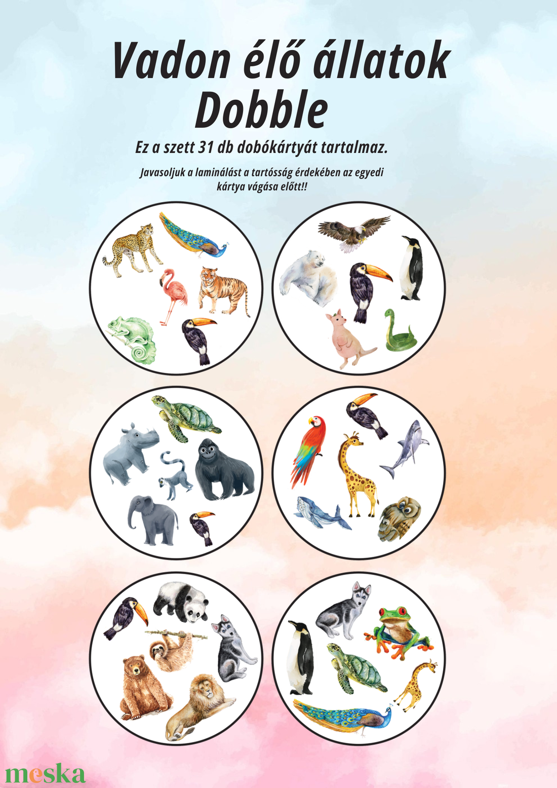 Nyomtatható PDF Dobble fejlesztő játék vadon élő állatok - művészet - grafika & illusztráció - digitális - Meska.hu