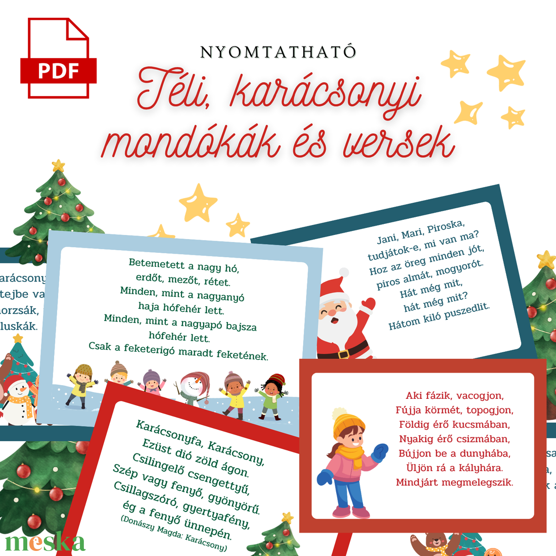Téli és karácsonyi mondókák és versek  24 db nyomtatható kártya (PDF) - karácsony - adventi díszek - adventi naptár - Meska.hu