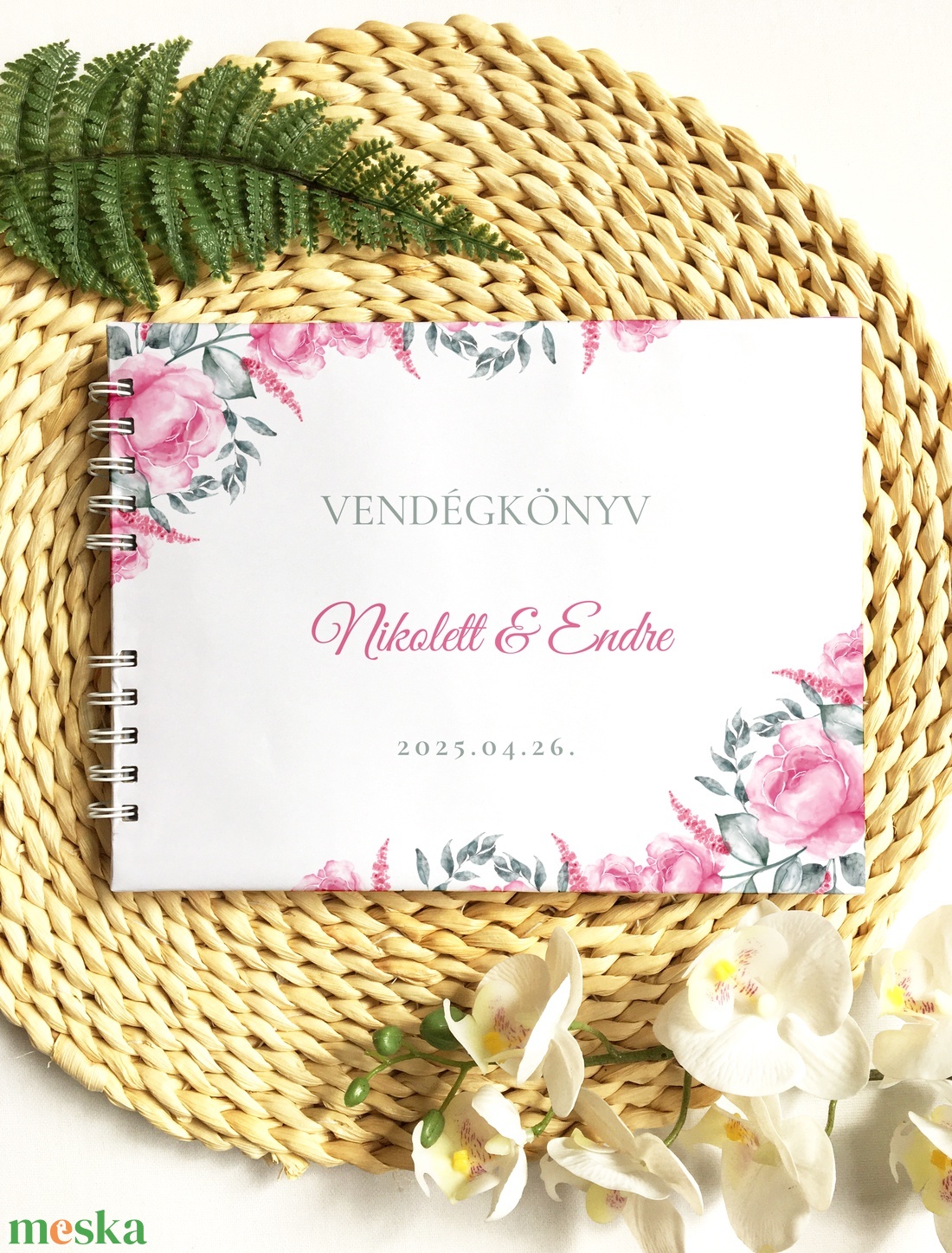 Rózsaszín és szürkészöld virágos esküvői vendégkönyv, fotóalbum - esküvő - emlék & ajándék - vendégkönyv - Meska.hu