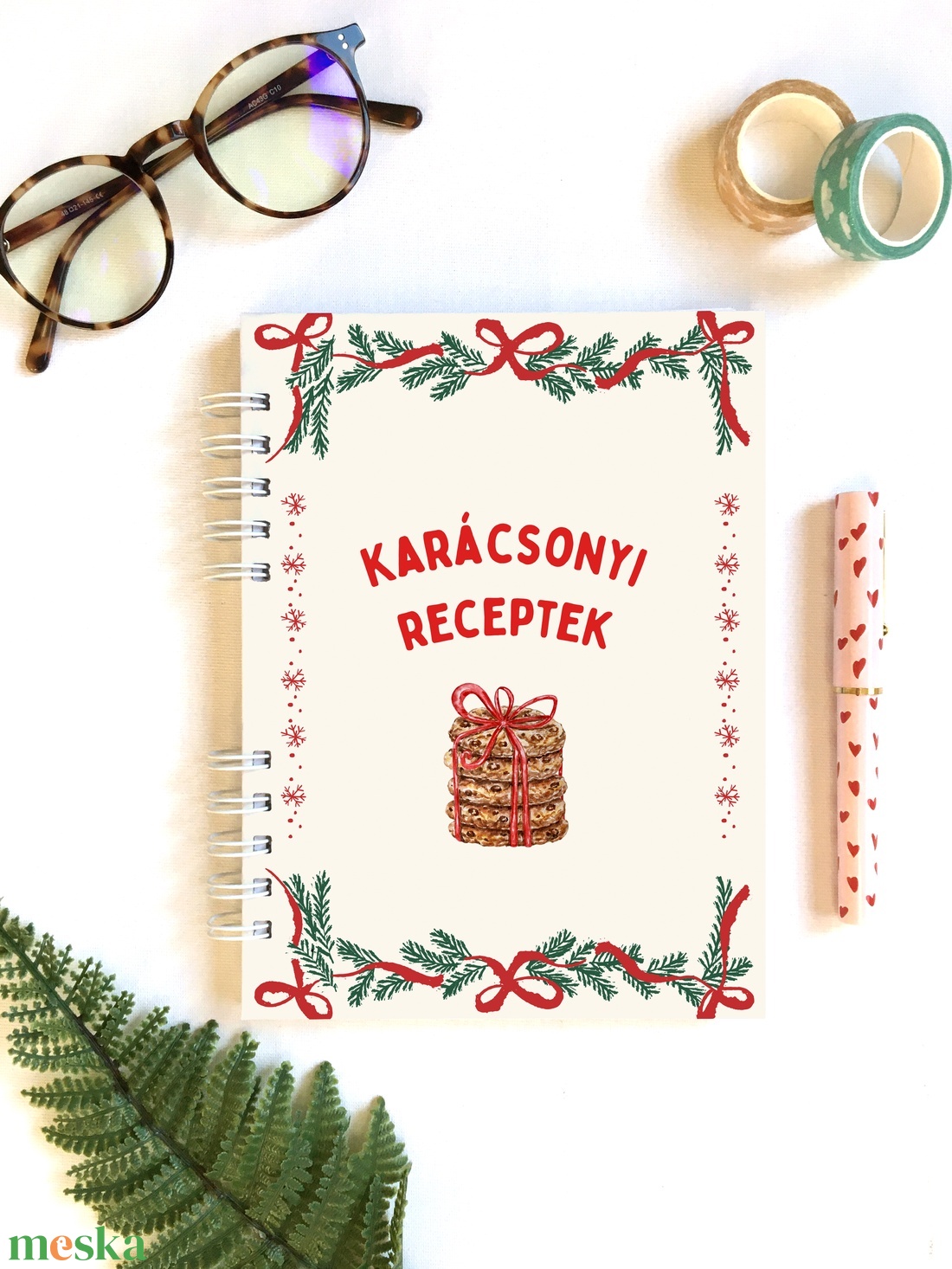 Karácsonyi girland mintás receptfüzet, receptgyűjtő spirálfüzet - otthon & életmód - konyhafelszerelés, tálalás - sütés, főzés - receptfüzet - Meska.hu
