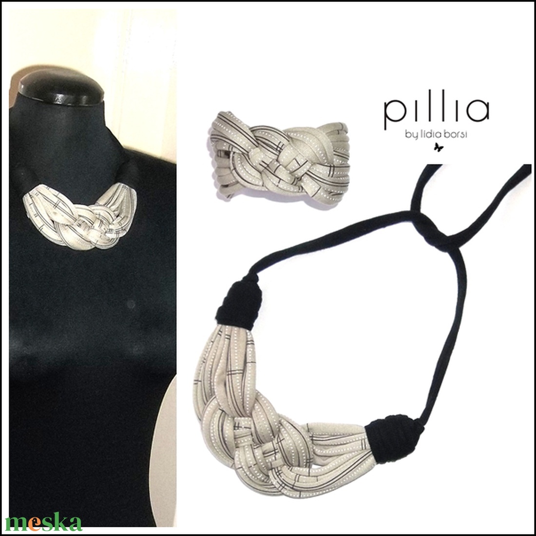  Beige -fekete KNOTS textilékszer szett - ékszer - nyaklánc - statement nyaklánc - Meska.hu