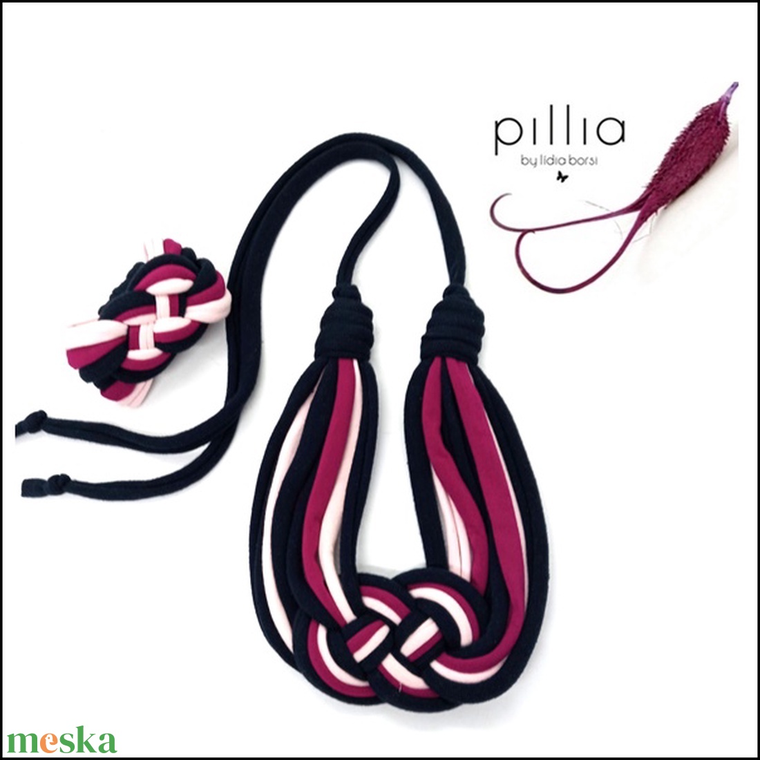  Sötétkék-magenta-púder rózsaszín KNOTS textilékszer szett - ékszer - ékszerszett - Meska.hu