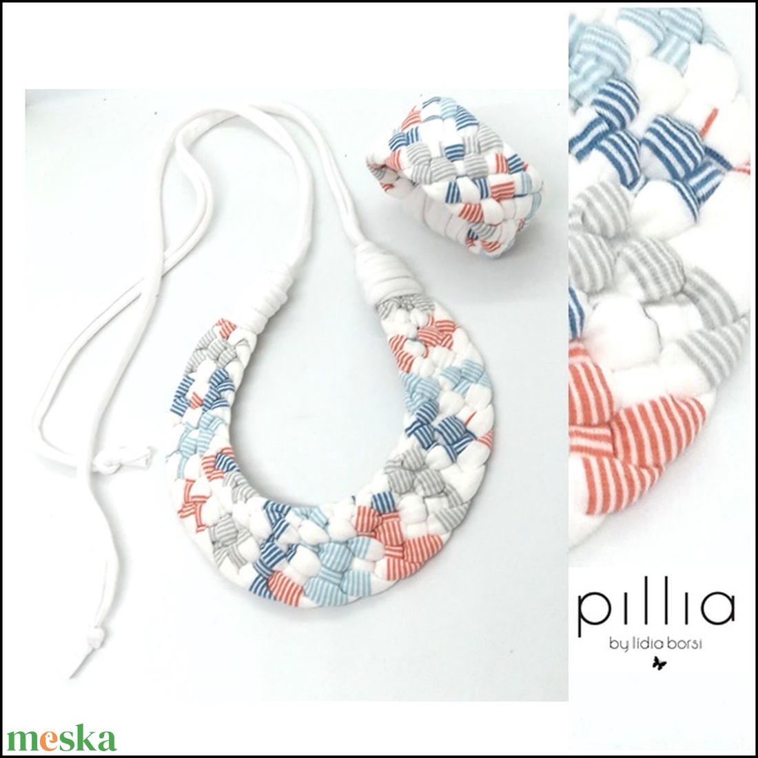 Fehér/tarka csíkos MOSAIC textilékszer szett  - ékszer - ékszerszett - Meska.hu