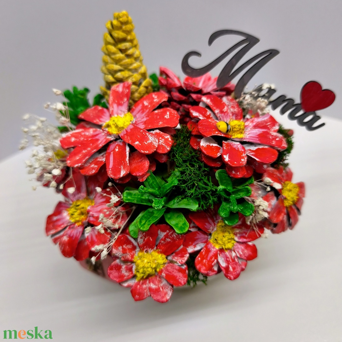  Kézzel festett tobozvirág-dísz kerámia tálban � piros � Anya / Mama felirattal, anyáknapi ajándék - otthon & életmód - virágdekoráció - virágdíszek - asztali virágdísz - Meska.hu