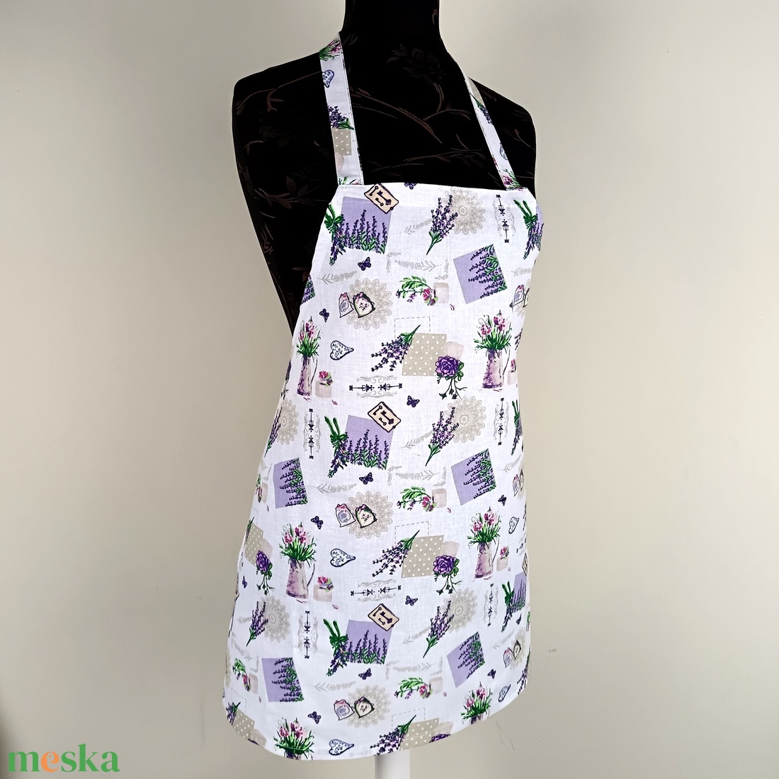 Egyedi kötény levendula vintage stílusú mint�s  - otthon & életmód - konyhafelszerelés, tálalás - konyhai textil - kötény - Meska.hu