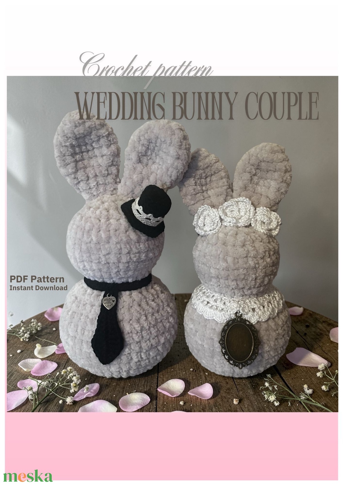 Esküvői nyuszi pár horgolásminta (angol nyelvű PDF) � romantikus, csipkés amigurumi nyuszik - diy (csináld magad) - szabásminta, útmutató - horgolási minta - Meska.hu