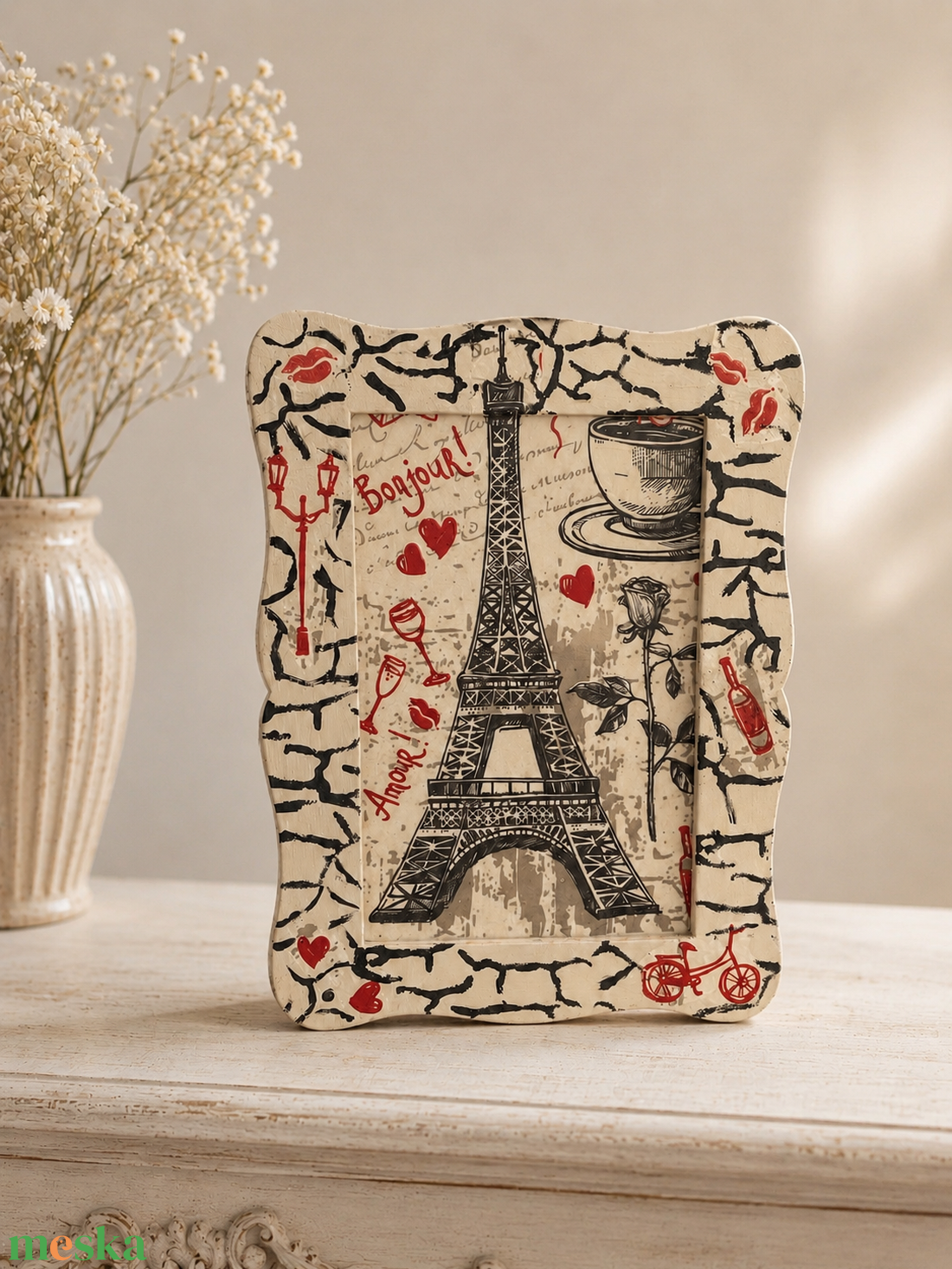 Bonjour Paris - Eiffel torony- vintage kép- fából készült dekor - otthon & életmód - dekoráció - dísztárgy - Meska.hu