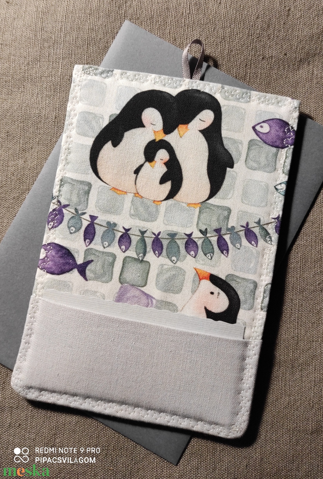 Pingvines üdvözlőlap, textilkép, pénzboríték - művészet - textilkép - egyéb - Meska.hu