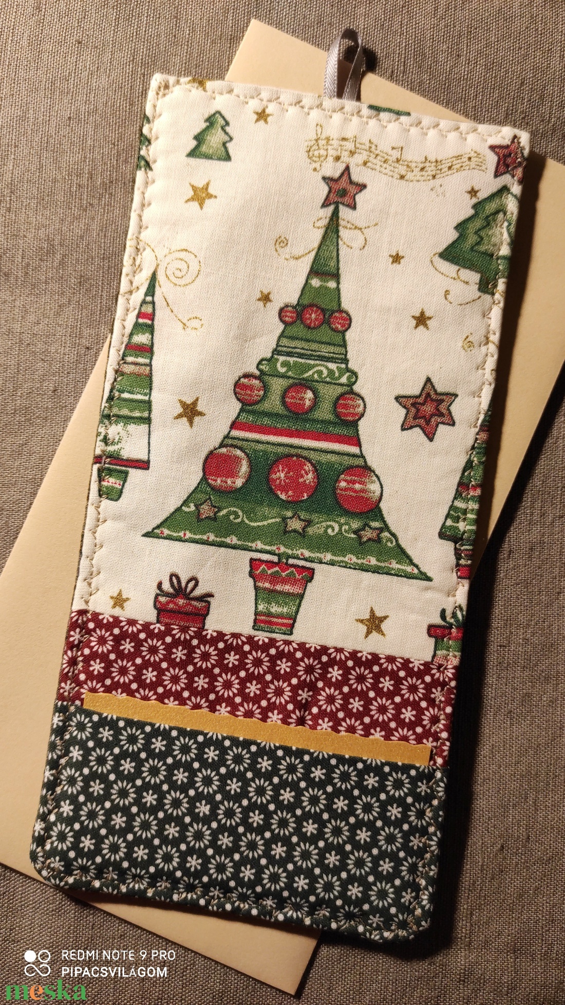 Karácsonyfás üdvözlőlap, textilkép, pénzboríték - művészet - textilkép - egyéb - Meska.hu