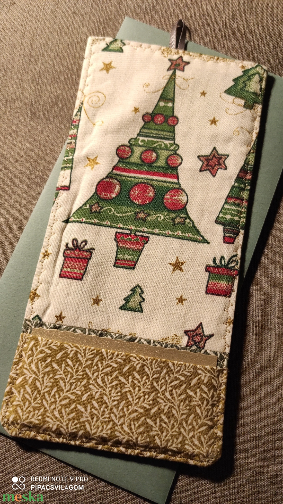 Karácsonyfás üdvözlőlap, textilkép, pénzboríték - művészet - textilkép - egyéb - Meska.hu