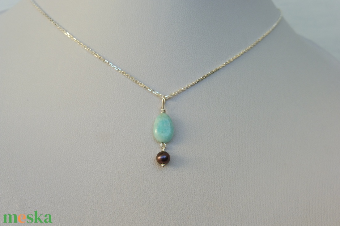 ezüstmedál fekete gyönggyel és amazonittal - ékszer - nyaklánc - medál - Meska.hu