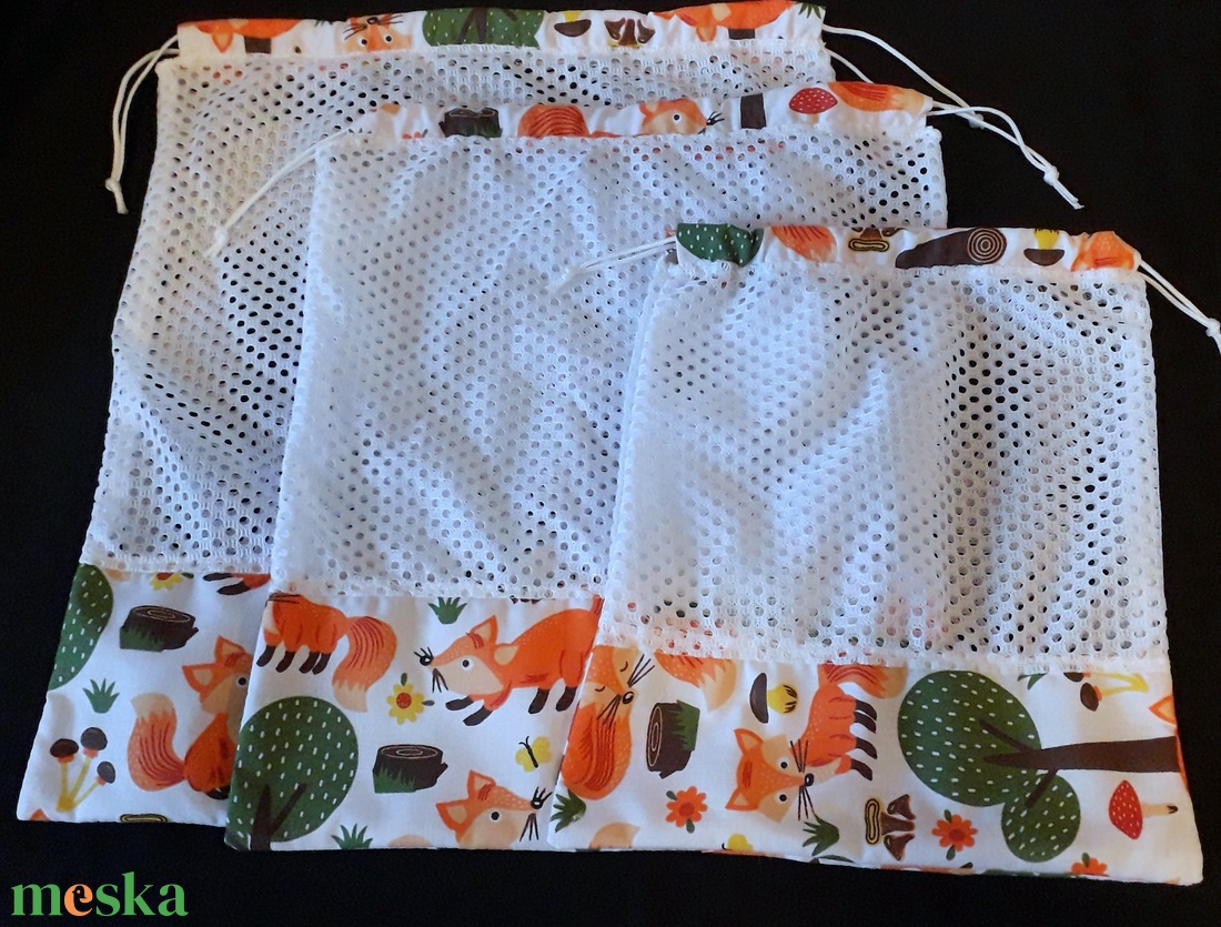 Rókás három darab hálós textil zsák  - táska & tok - bevásárlás & shopper táska - zöldség/gyümölcs zsák - Meska.hu