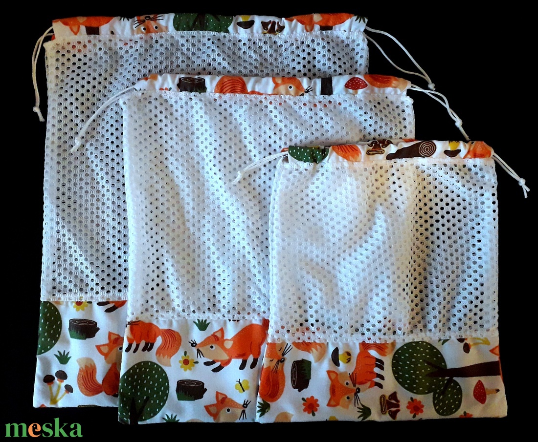 Rókás három darab hálós textil zsák  - táska & tok - bevásárlás & shopper táska - zöldség/gyümölcs zsák - Meska.hu