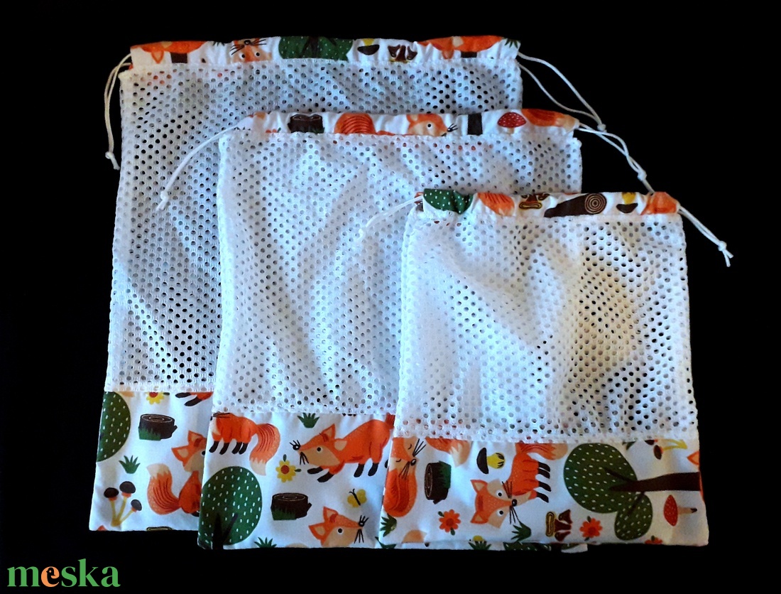 Rókás három darab hálós textil zsák  - táska & tok - bevásárlás & shopper táska - zöldség/gyümölcs zsák - Meska.hu