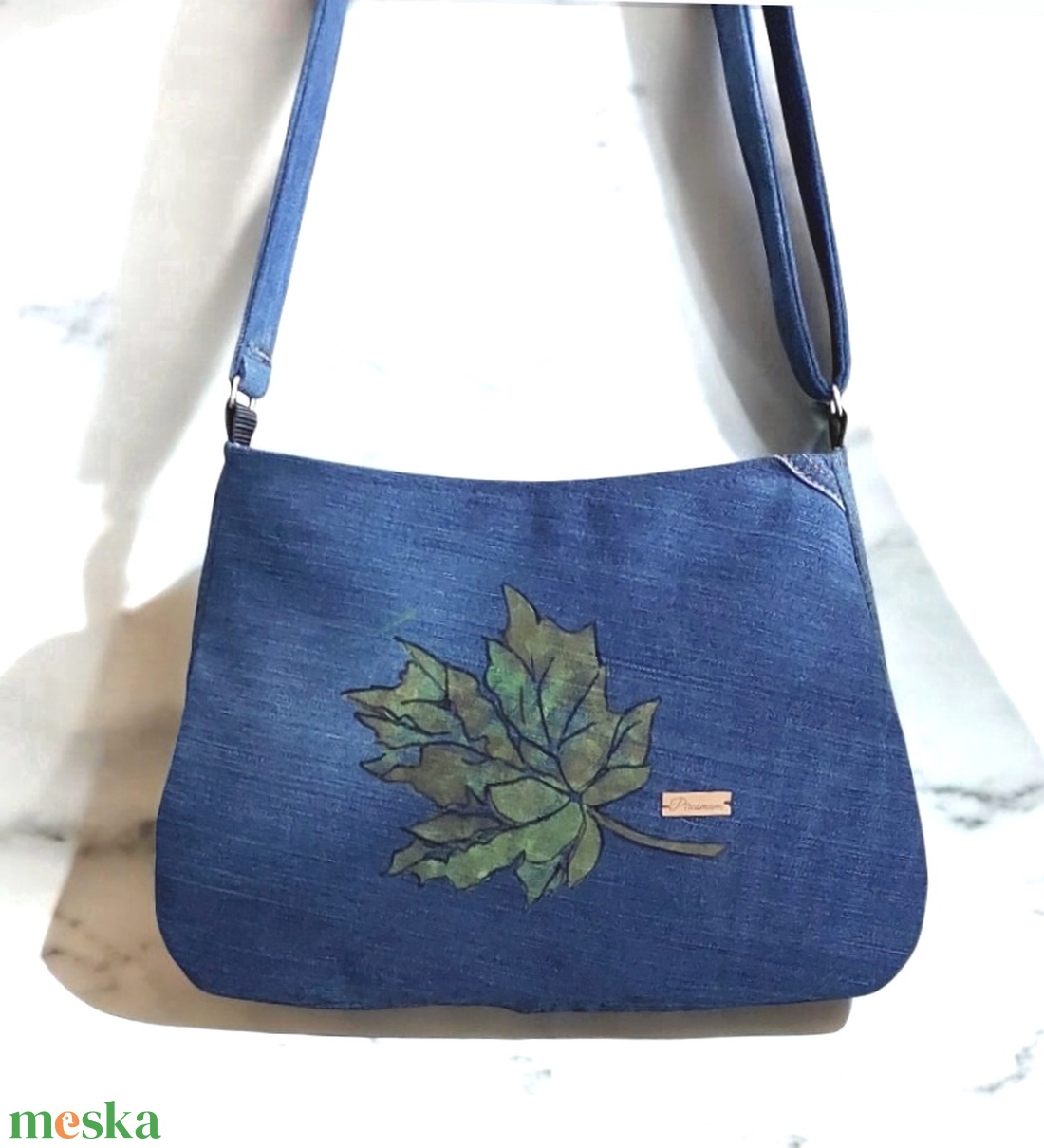 Falevél ,kézzel festett Farmer kersztpántos,válltáska,crossbody - táska & tok - kézitáska & válltáska - válltáska - Meska.hu