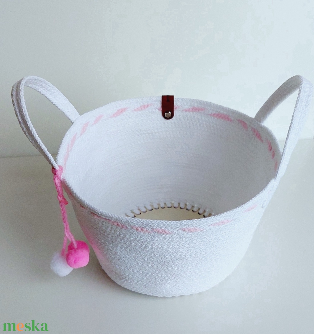 Fehér-Rózsaszín Pamutzsinór Füles Kosár - Tökéletes Tároló Kislány Szobába! - otthon & életmód - tárolás & rendszerezés - tárolókosár - Meska.hu