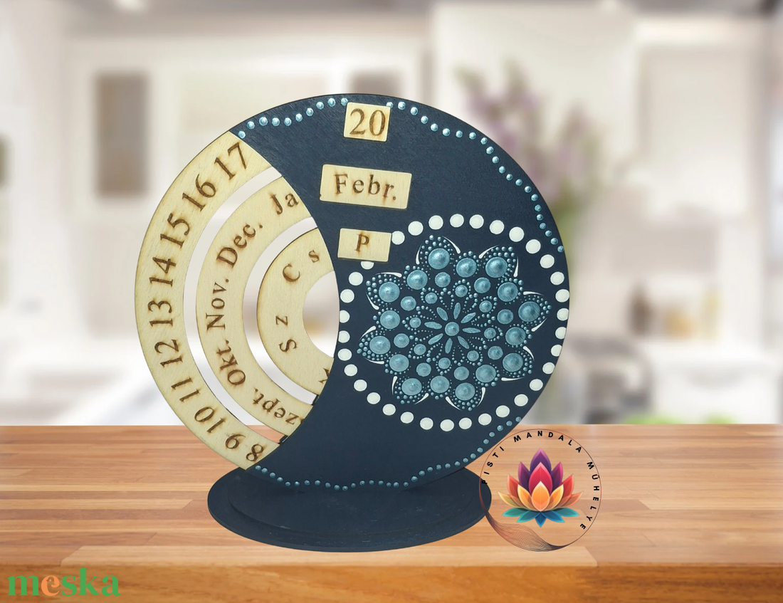 Öröknaptár mandala díszítéssel, kékezüst - fehér színekkel (20 cm magas) - otthon & életmód - dekoráció - fali és függő dekoráció - falinaptár & öröknaptár - Meska.hu