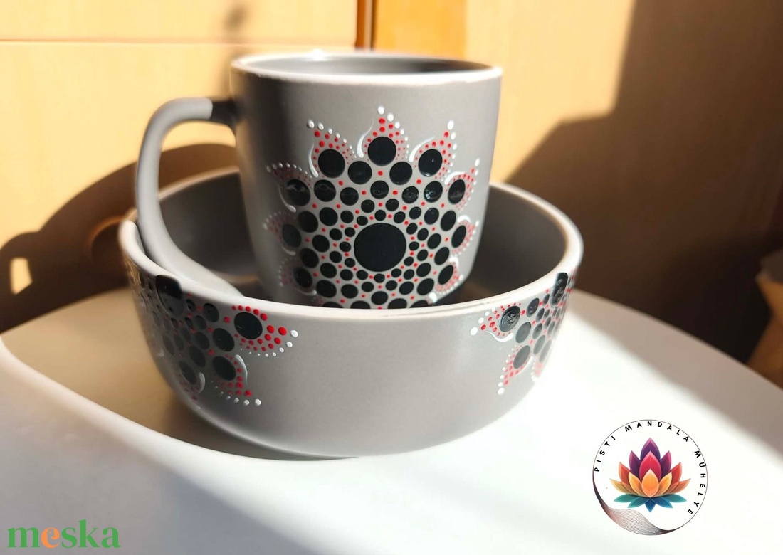 Mandalás müzlis tál és bögre szett (szürke) - otthon & életmód - konyhafelszerelés, tálalás - tálalás - teás- és kávés pohár, készlet - Meska.hu