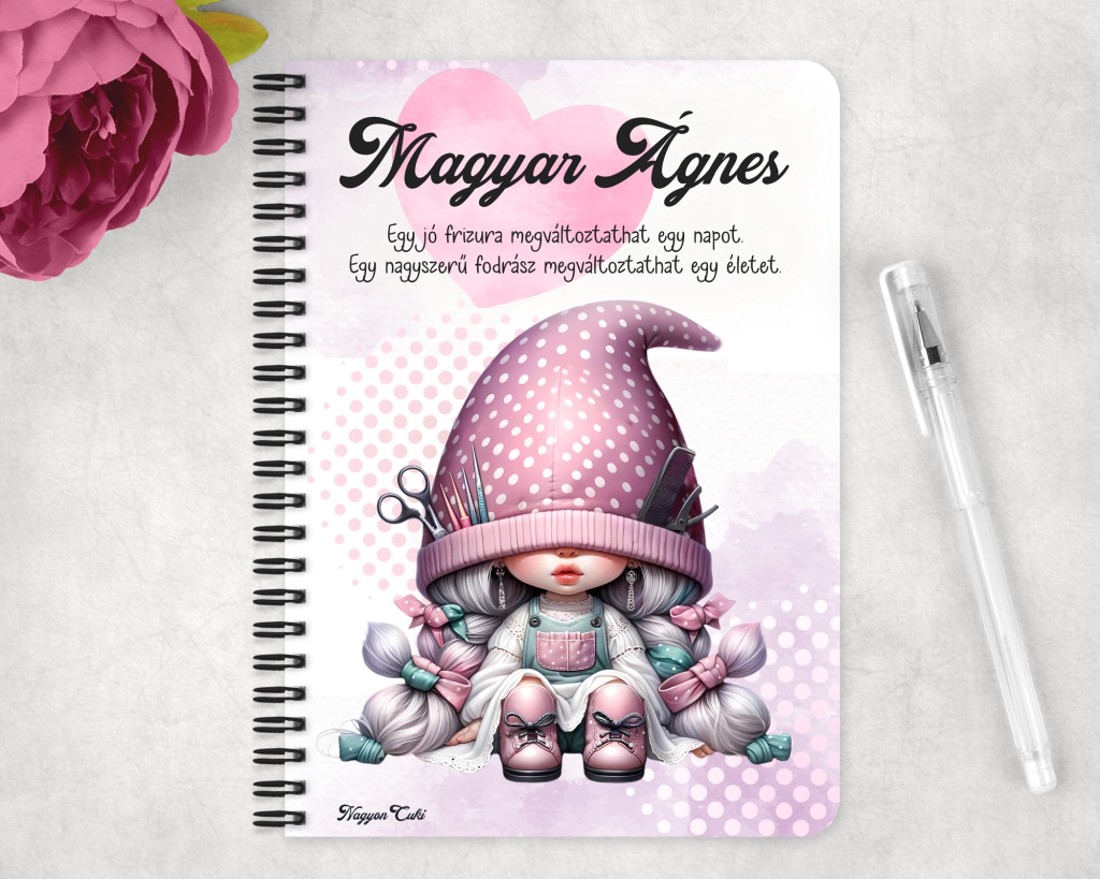 Személyre szabható - Pöttyös sapkás fodrász manólány mintás A5-ös füzet - otthon & életmód - papír, írószer - jegyzetfüzet & napló - Meska.hu