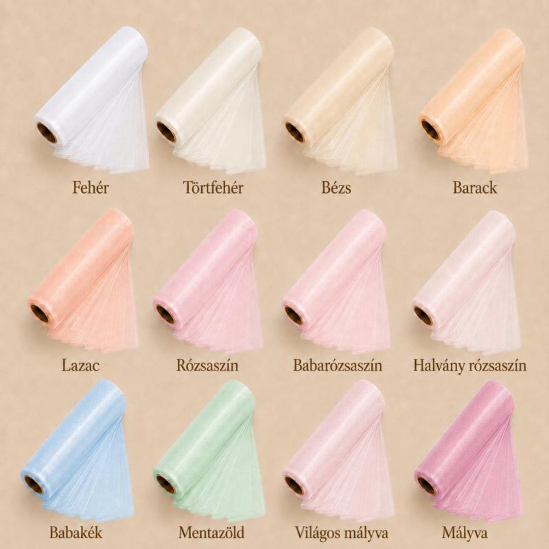 Szegély nélküli organza tekercs 23 cm � 10 m � világos és pasztell árnyalatok - kellékek & szerszámok - méteráru - dekorációs alapanyag - Meska.hu