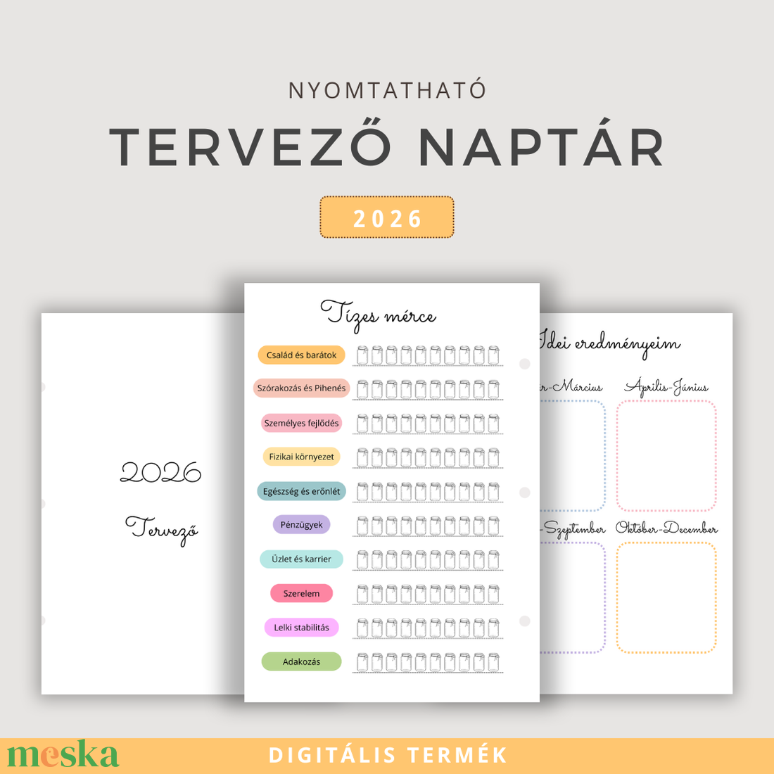 2026 Nyomtatható Éves Tervezőnaptár � Célokhoz, Hálanaplóval - otthon & életmód - papír, írószer - naptár & tervező - Meska.hu