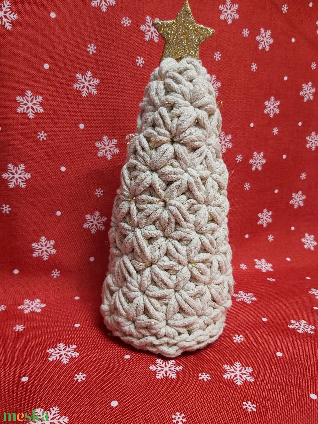 Jázmin mintás horgolt karácsonyfa led világítással - karácsony - karácsonyi lakásdekoráció - karácsonyfa, grincsfa - Meska.hu