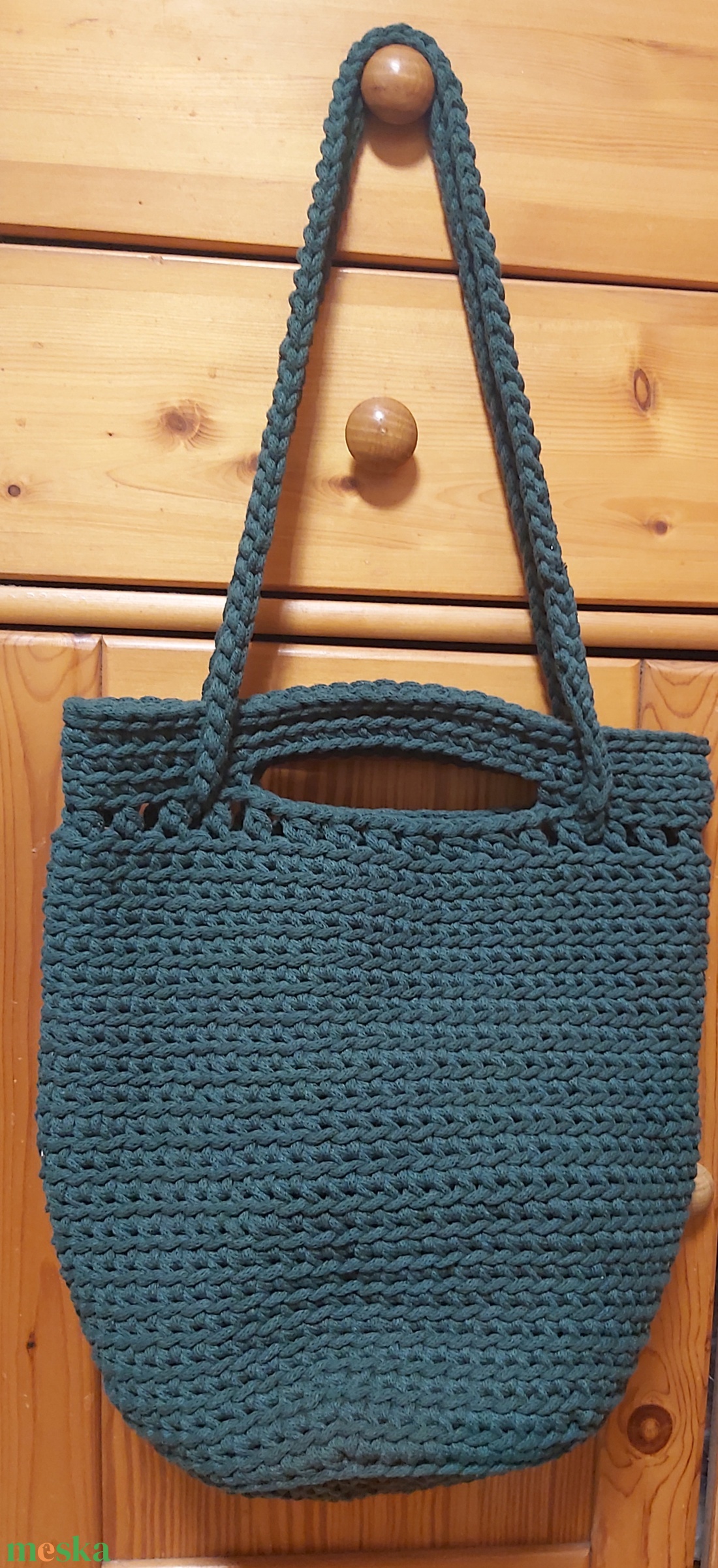 Horgolt sötétzöld színű táska zsinórfonalból - táska & tok - kézitáska & válltáska - válltáska - Meska.hu