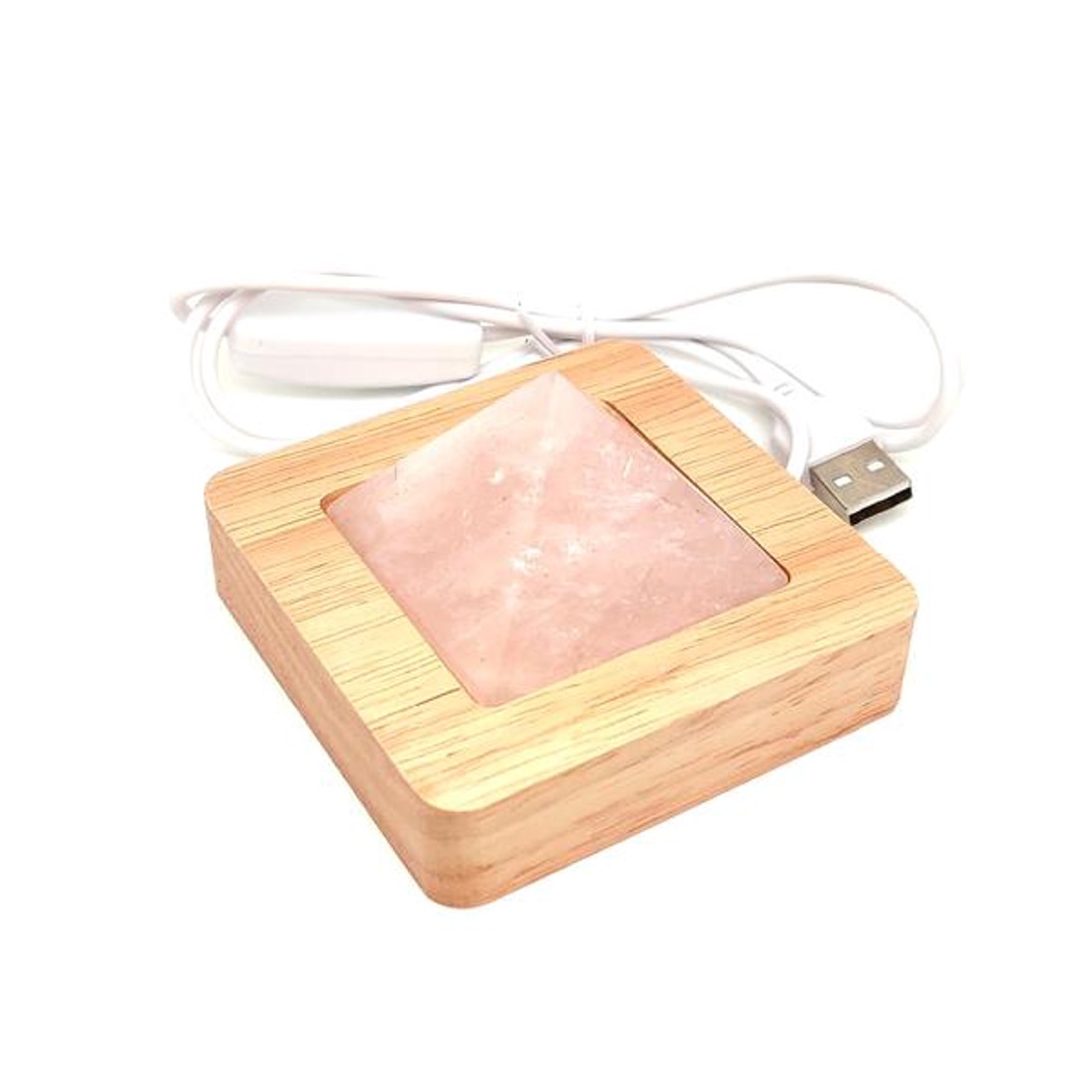 Fa talpas fehér LED rózsakvarc piramis lámpa 8 cm USB csatlakozással - kellékek & szerszámok - ásvány alapanyag - shungit piramis - Meska.hu