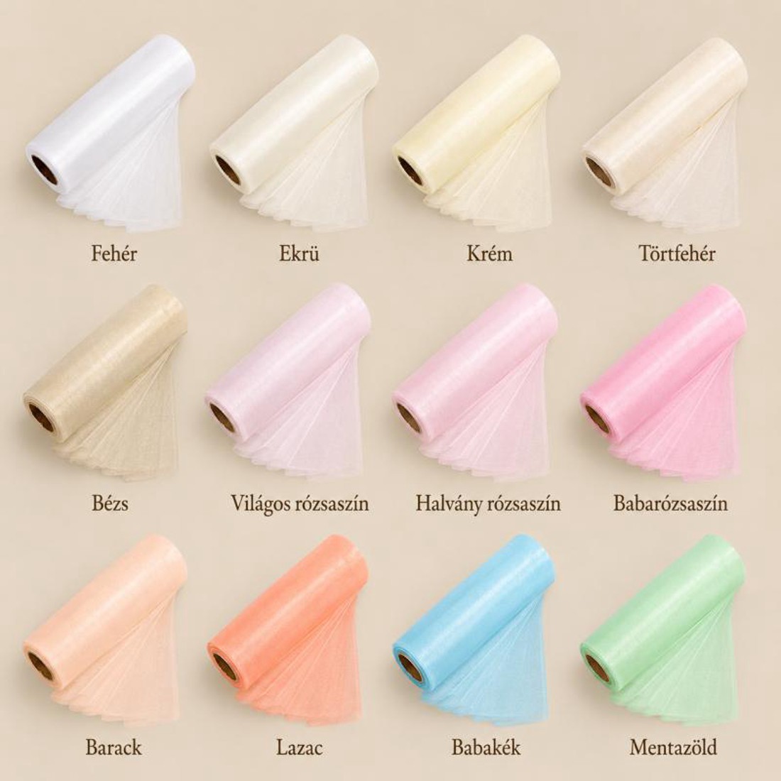 Szegély nélküli organza tekercs 12 cm � 10 m � világos és pasztell árnyalatok - kellékek & szerszámok - méteráru - dekorációs alapanyag - Meska.hu