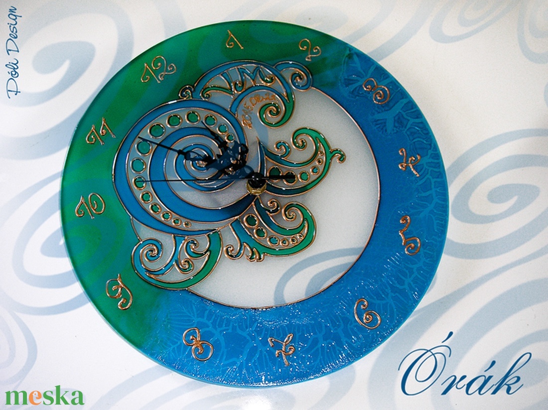 Óra - Türkiz - festett üveg türkiz falióra - otthon & lakás - dekoráció - fali és függő dekoráció - falióra & óra - Meska.hu