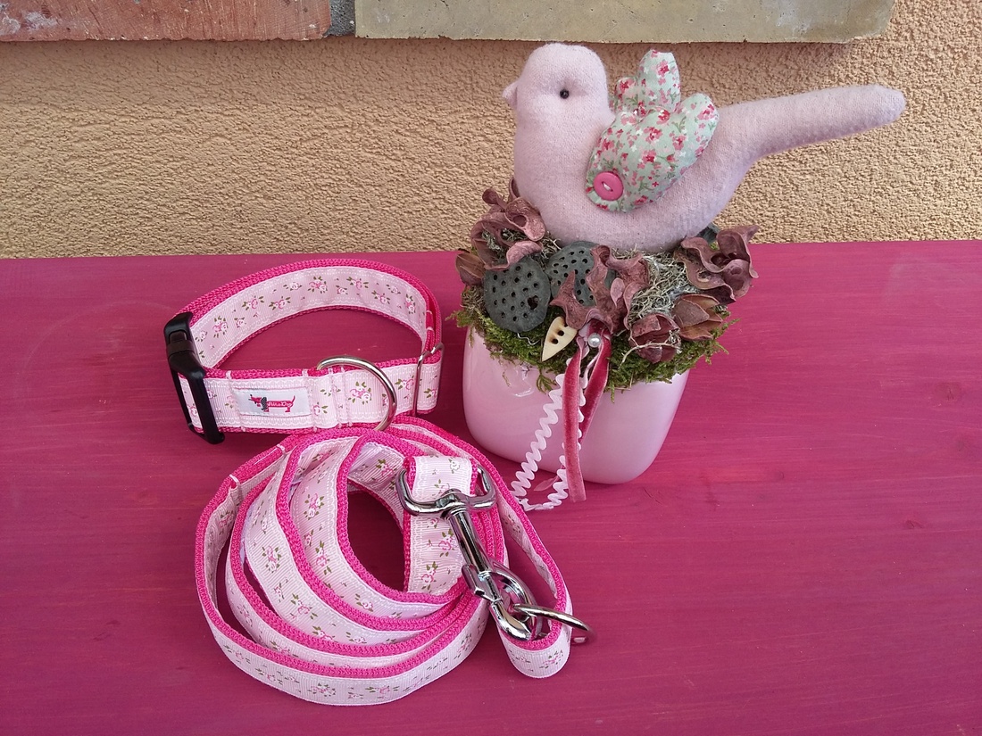 Polka Dog shabby, vintage rózsás nyakörv-póráz szett, eper-puncsfagyi színben -  - Meska.hu