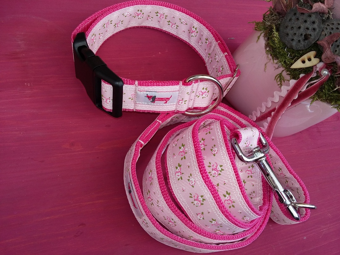 Polka Dog shabby, vintage rózsás nyakörv-póráz szett, eper-puncsfagyi színben -  - Meska.hu