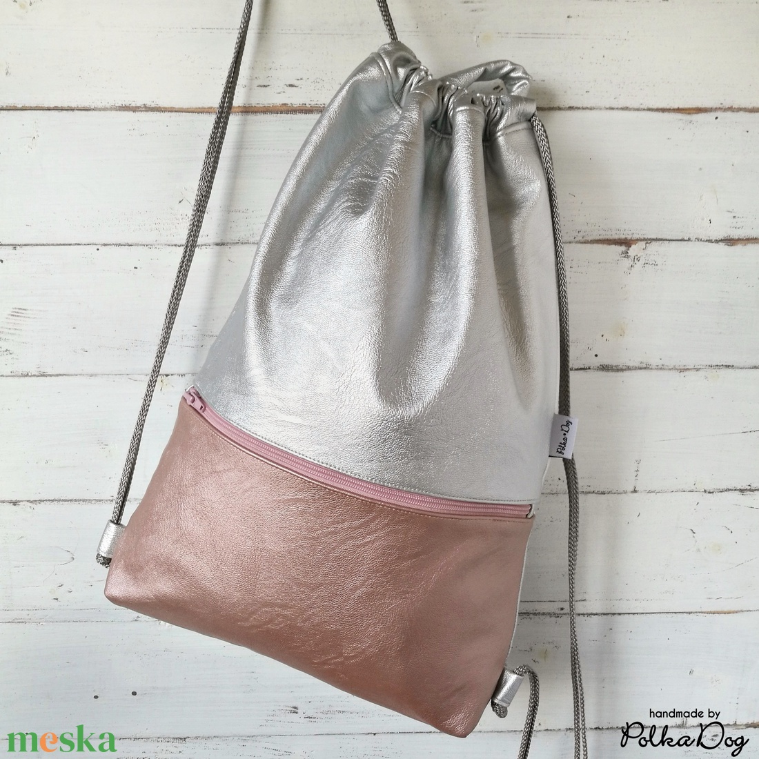 ezüst - rosegold textilbőr gymbag - táska & tok - hátizsák - tornazsák, gymbag - Meska.hu