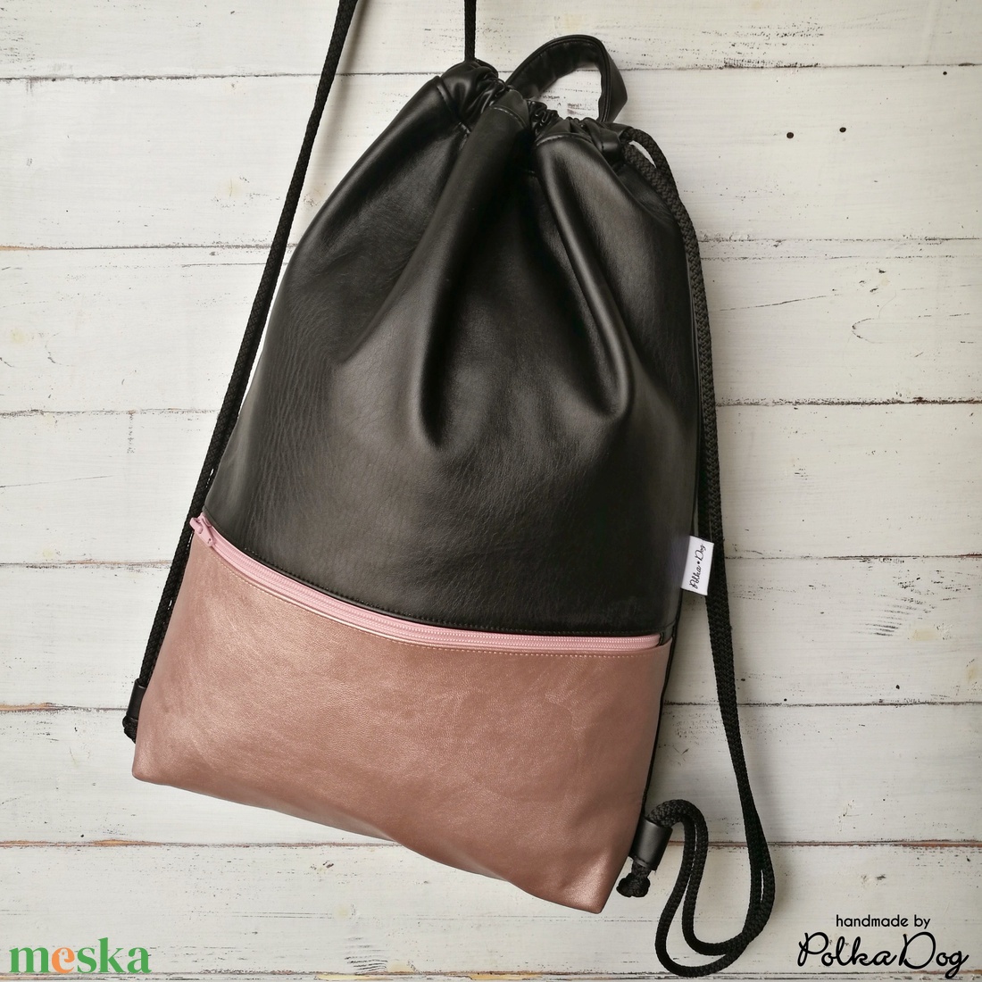 fekete - rosegold metál textilbőr gymbag - táska & tok - hátizsák - tornazsák, gymbag - Meska.hu