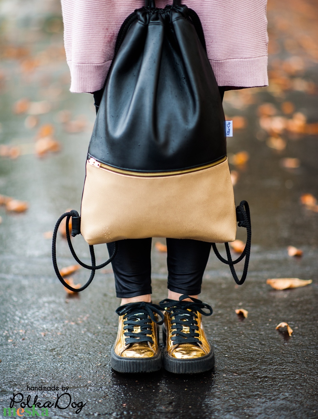 fekete - arany metál textilbőr gymbag - táska & tok - hátizsák - tornazsák, gymbag - Meska.hu