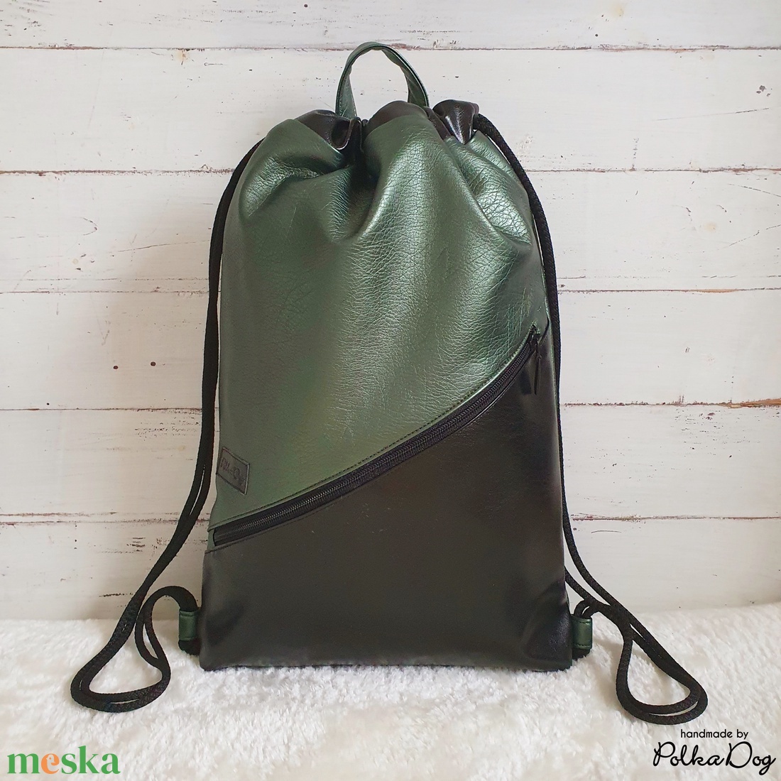 sötétzöld - fekete metál textilbőr gymbag - táska & tok - hátizsák - tornazsák, gymbag - Meska.hu