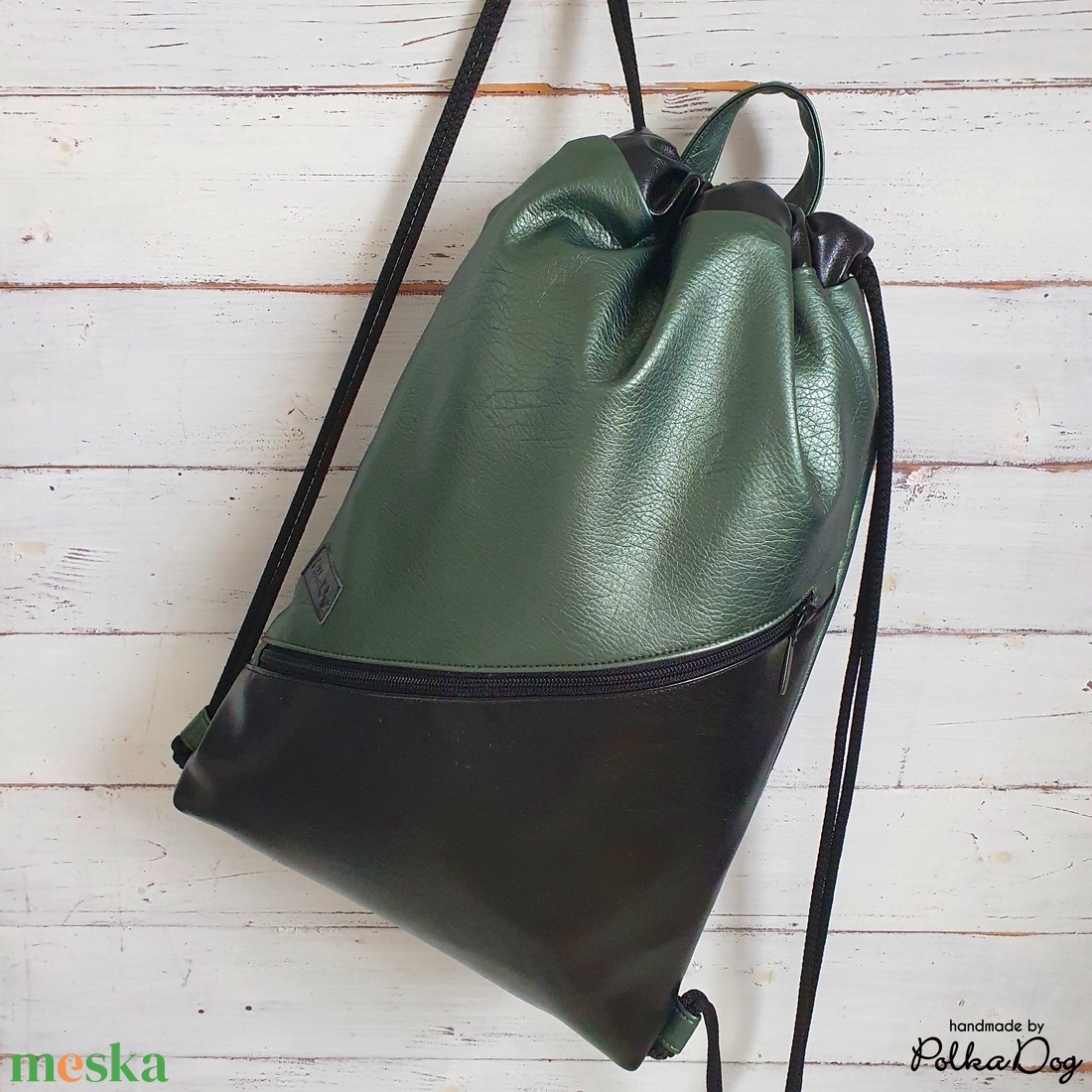 sötétzöld - fekete metál textilbőr gymbag - táska & tok - hátizsák - tornazsák, gymbag - Meska.hu