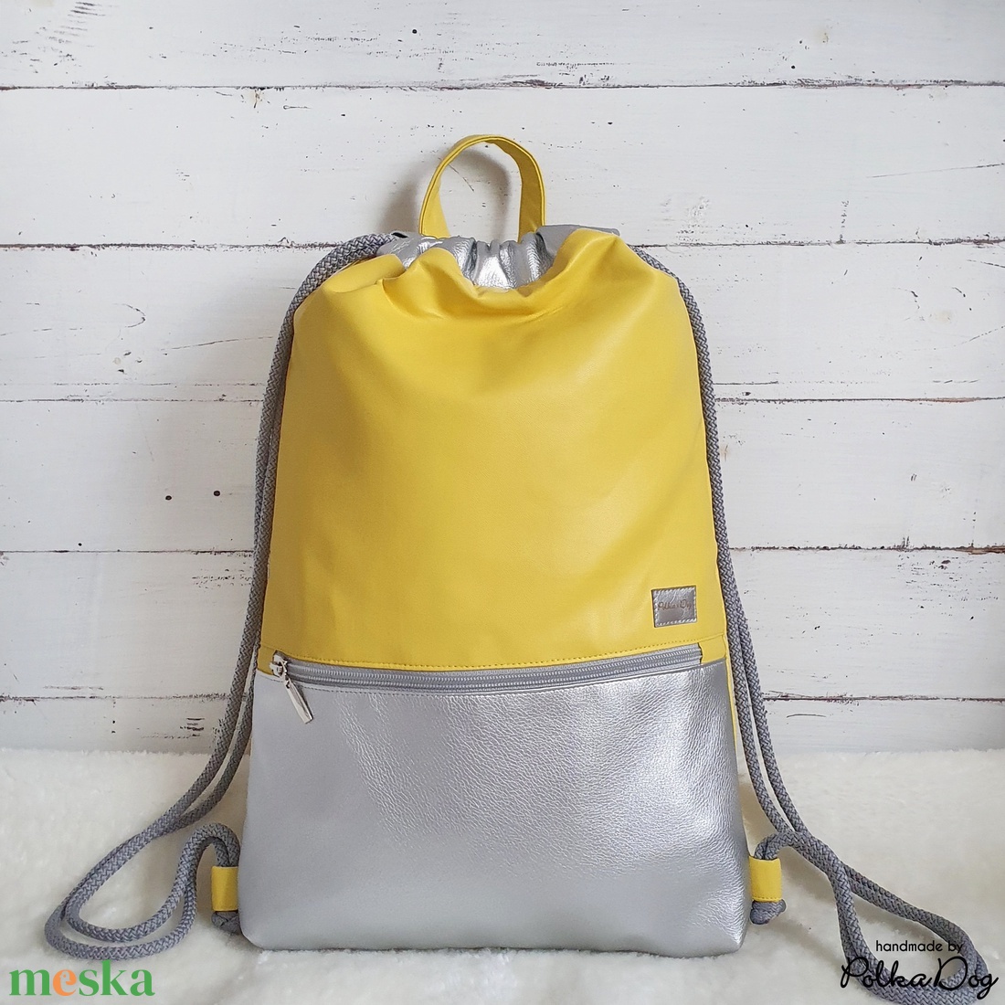 Sárga - ezüst textilbőr gymbag - táska & tok - hátizsák - tornazsák, gymbag - Meska.hu