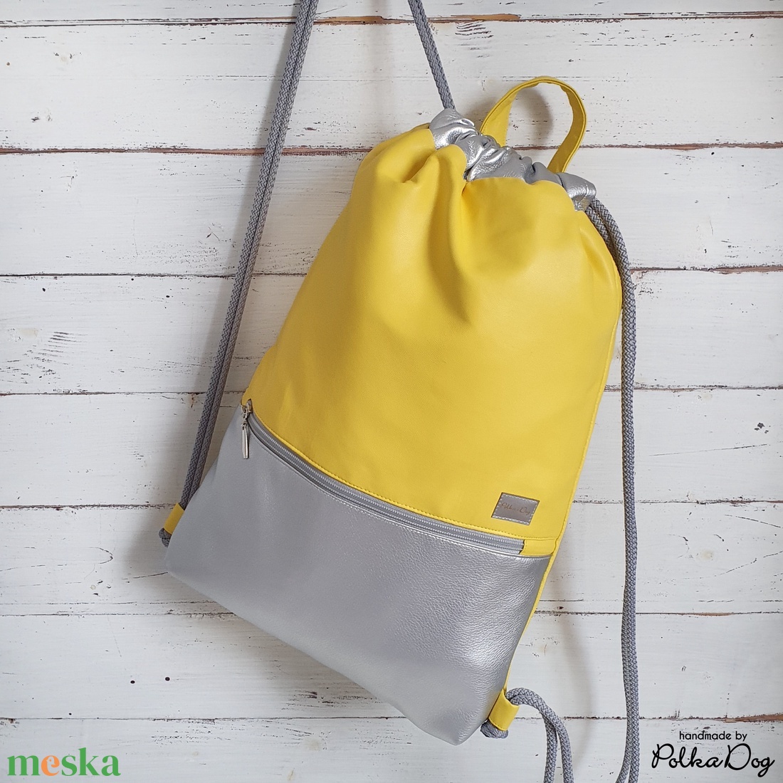 Sárga - ezüst textilbőr gymbag - táska & tok - hátizsák - tornazsák, gymbag - Meska.hu