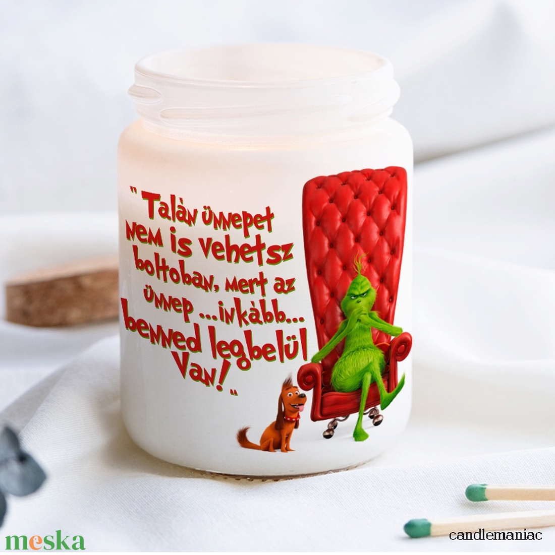 Grinch illat gyertya  - karácsony - karácsonyi lakásdekoráció - karácsonyi illatgyertya, mécses - Meska.hu